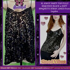 XL NWOT DARK ROMANCE PARTY TOP LINED,FULLY SEQUINED BLACK w SOFT SPAGHETTI STRAP
